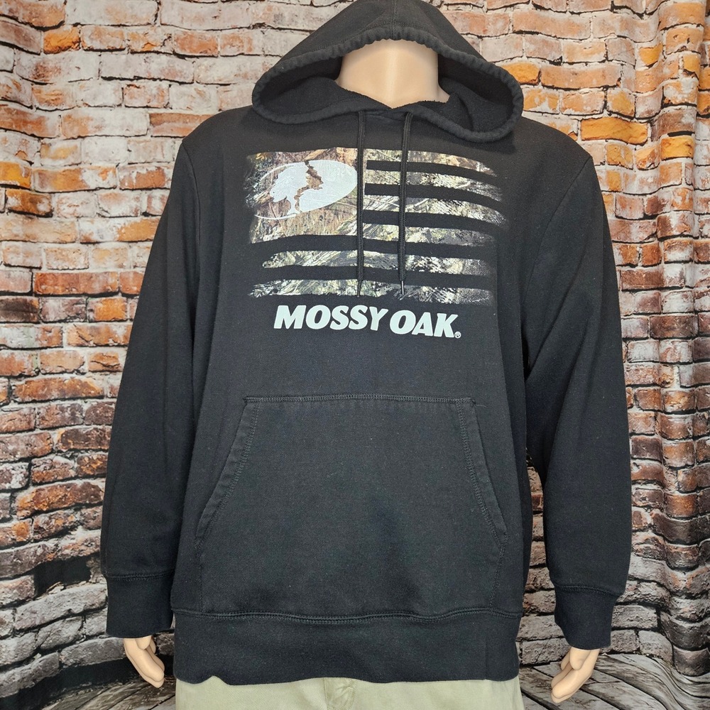 Mossy Oak Mens 2XL Black Camo American Flag Graphic Pullover Hoodie RN91497